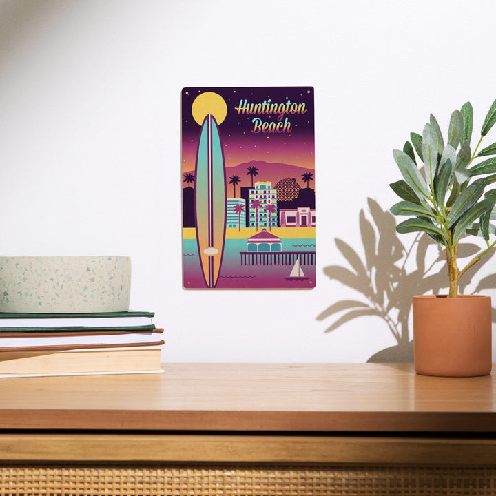 Huntington Beach, California, Retro Skyline Chromatic Series, Lantern Press Artwork, Wood Signs and Postcards Wood Lantern Press 