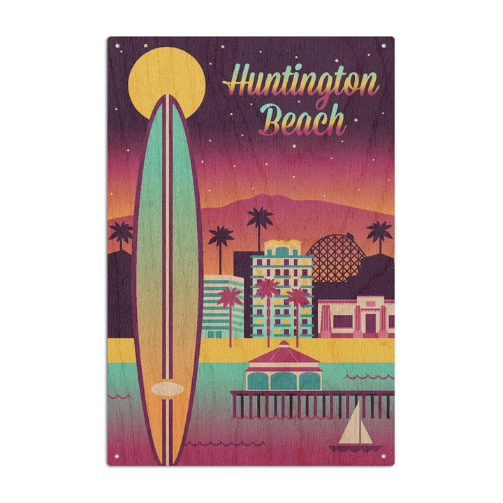 Huntington Beach, California, Retro Skyline Chromatic Series, Lantern Press Artwork, Wood Signs and Postcards Wood Lantern Press 6x9 Wood Sign 