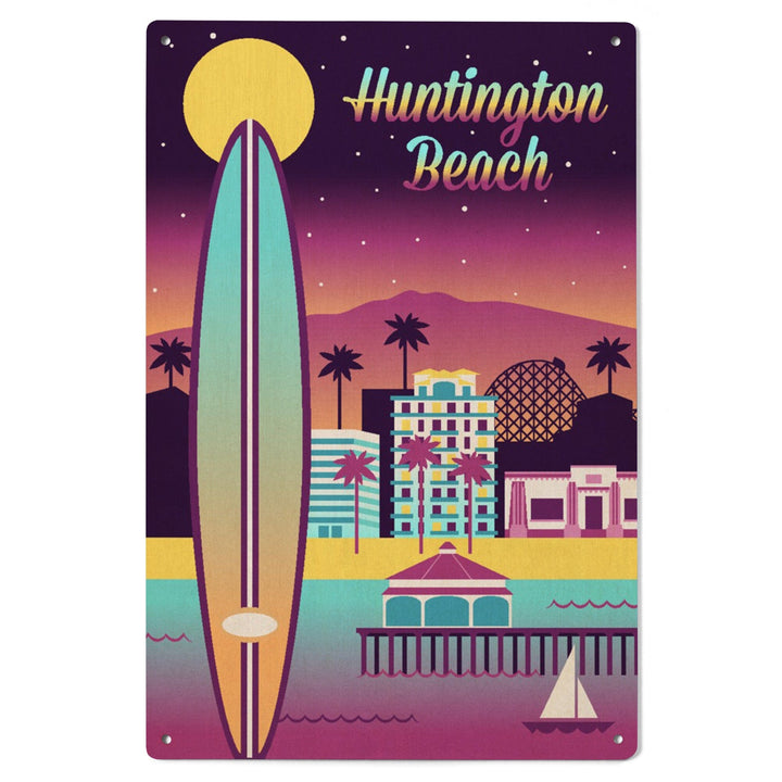 Huntington Beach, California, Retro Skyline Chromatic Series, Lantern Press Artwork, Wood Signs and Postcards Wood Lantern Press 