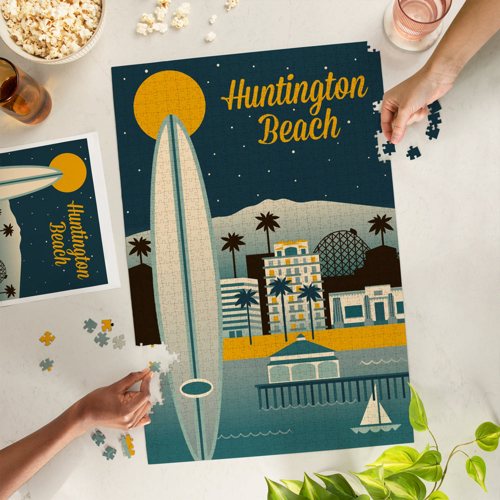 Huntington Beach, California, Retro Skyline Classic Series, Jigsaw Puzzle Puzzle Lantern Press 
