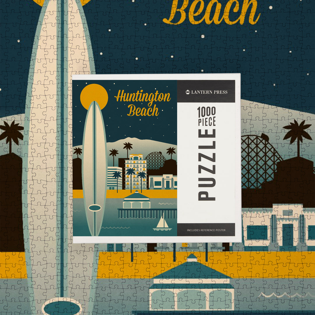 Huntington Beach, California, Retro Skyline Classic Series, Jigsaw Puzzle Puzzle Lantern Press 