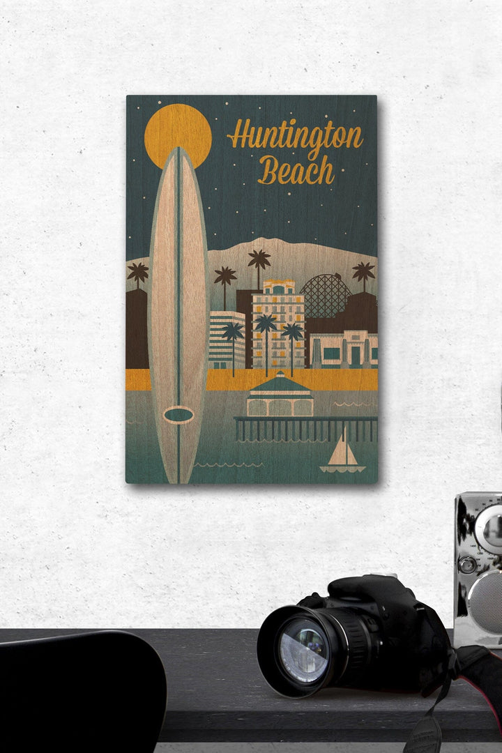 Huntington Beach, California, Retro Skyline Classic Series, Lantern Press Artwork, Wood Signs and Postcards Wood Lantern Press 12 x 18 Wood Gallery Print 