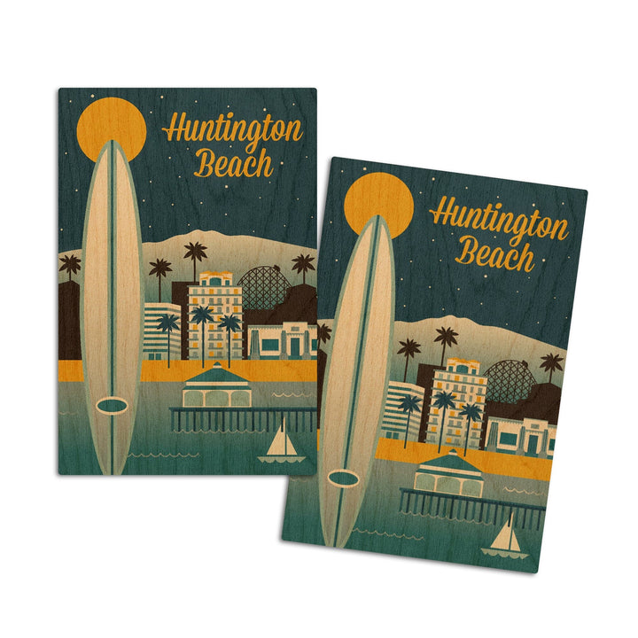 Huntington Beach, California, Retro Skyline Classic Series, Lantern Press Artwork, Wood Signs and Postcards Wood Lantern Press 4x6 Wood Postcard Set 