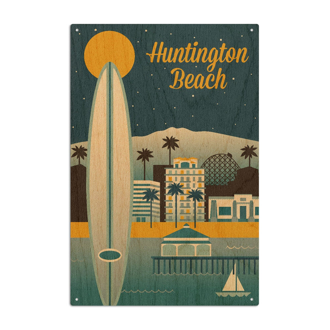Huntington Beach, California, Retro Skyline Classic Series, Lantern Press Artwork, Wood Signs and Postcards Wood Lantern Press 6x9 Wood Sign 