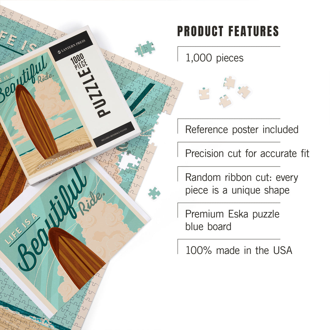 Huntington Beach, California, Surfboard Letterpress, Life is a Beautiful Ride Press, Jigsaw Puzzle Puzzle Lantern Press 