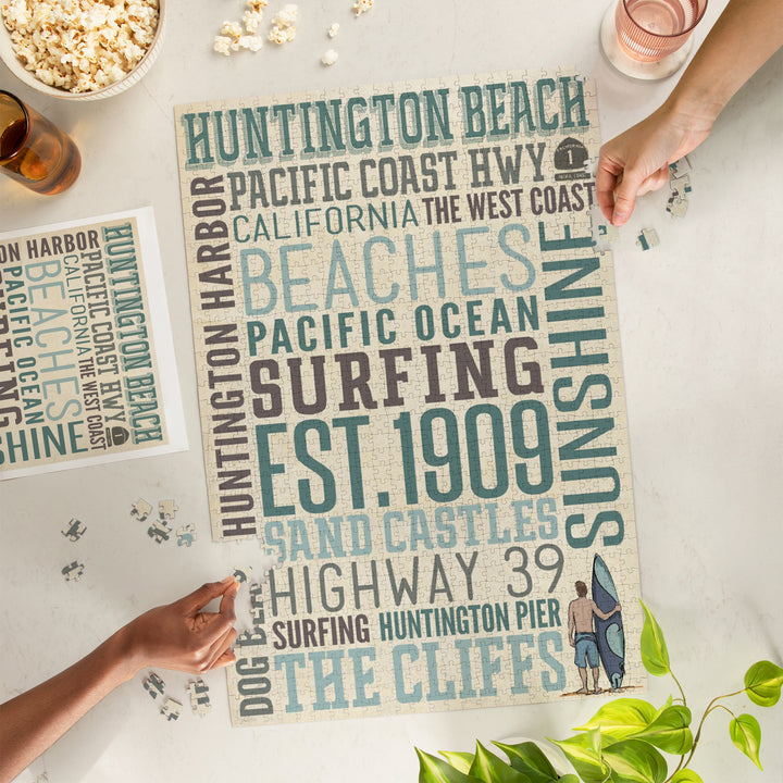 Huntington Beach, California, Typography, Jigsaw Puzzle Puzzle Lantern Press 