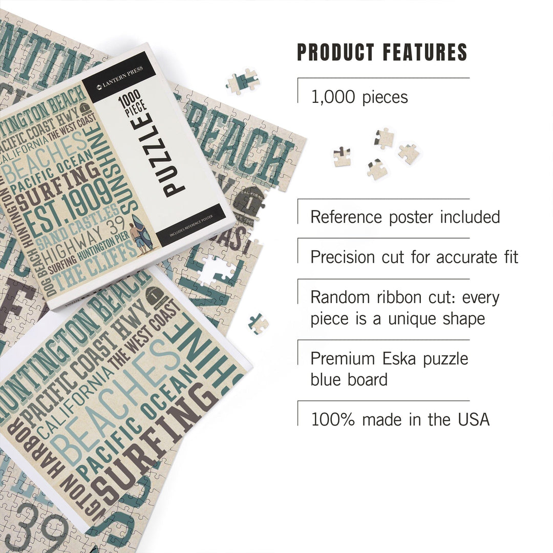 Huntington Beach, California, Typography, Jigsaw Puzzle Puzzle Lantern Press 