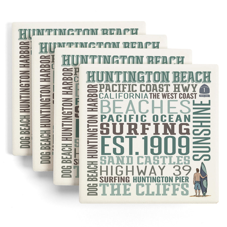 Huntington Beach, California, Typography, Lantern Press Artwork, Coaster Set - Lantern Press