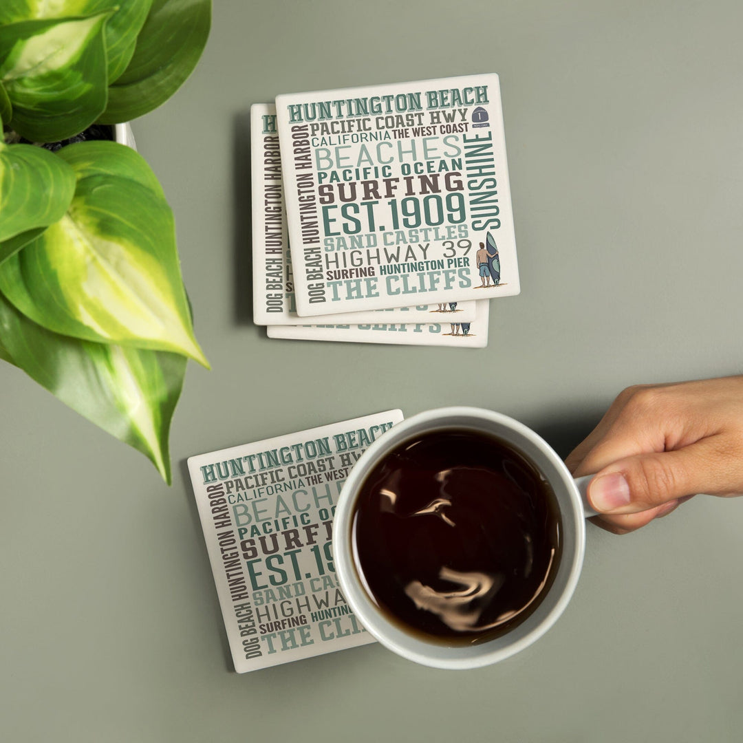 Huntington Beach, California, Typography, Lantern Press Artwork, Coaster Set - Lantern Press