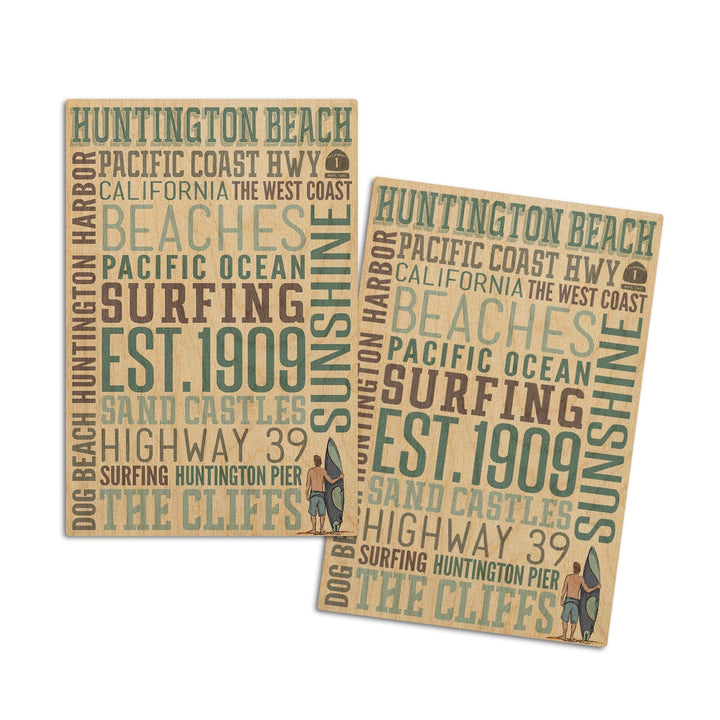 Huntington Beach, California, Typography, Lantern Press Artwork, Wood Signs and Postcards Wood Lantern Press 4x6 Wood Postcard Set 