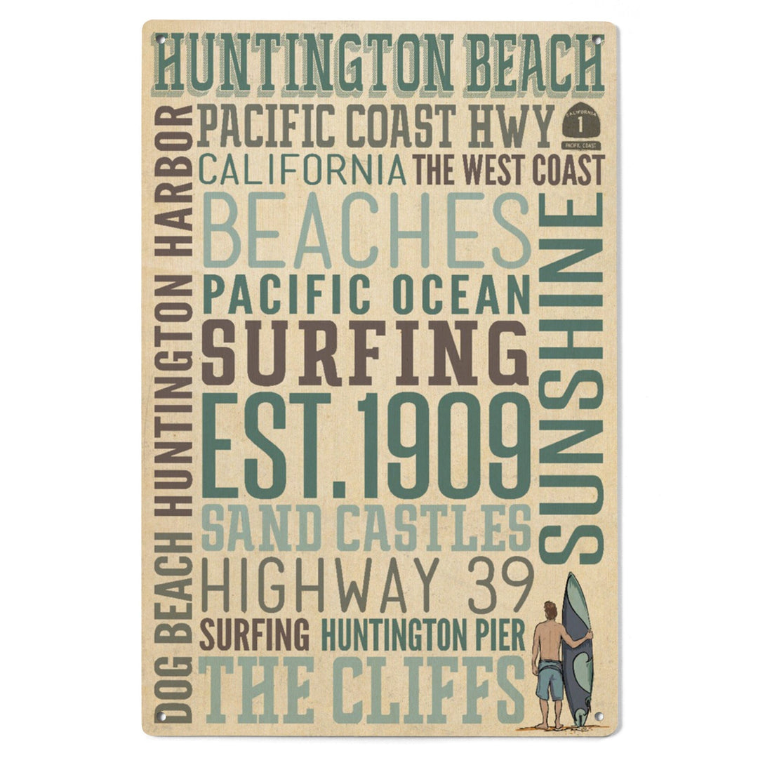Huntington Beach, California, Typography, Lantern Press Artwork, Wood Signs and Postcards Wood Lantern Press 