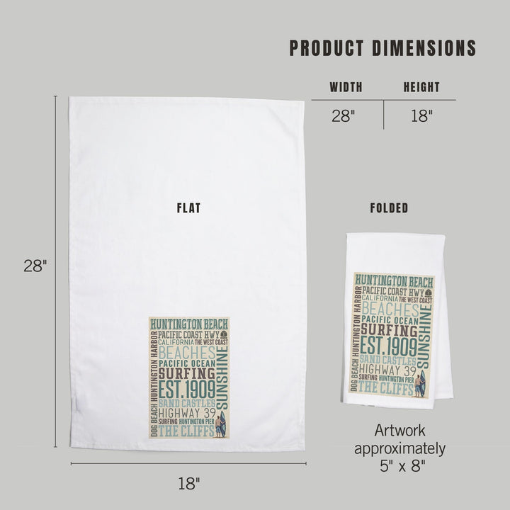 Huntington Beach, California, Typography, Organic Cotton Kitchen Tea Towels Kitchen Lantern Press 