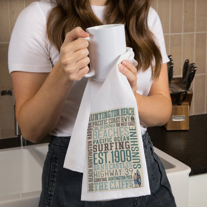 Huntington Beach, California, Typography, Organic Cotton Kitchen Tea Towels Kitchen Lantern Press 