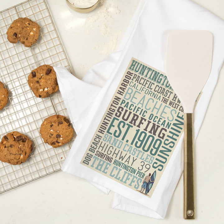 Huntington Beach, California, Typography, Organic Cotton Kitchen Tea Towels Kitchen Lantern Press 