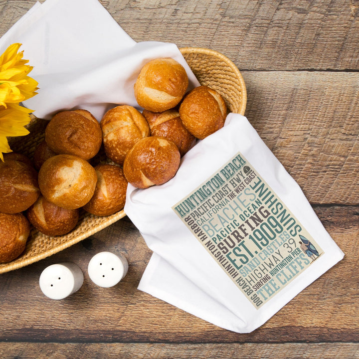 Huntington Beach, California, Typography, Organic Cotton Kitchen Tea Towels Kitchen Lantern Press 