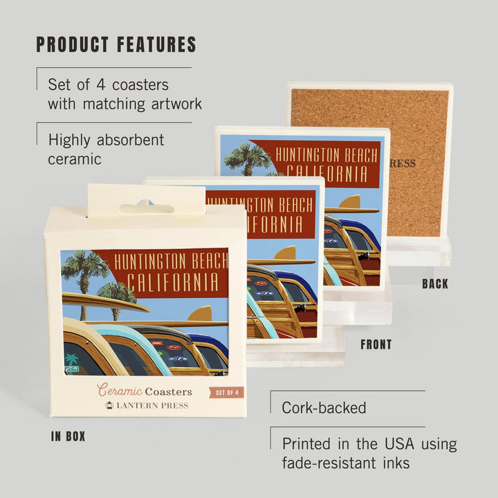Huntington Beach, California, Woodies Lined Up, Coasters Coasters Lantern Press 