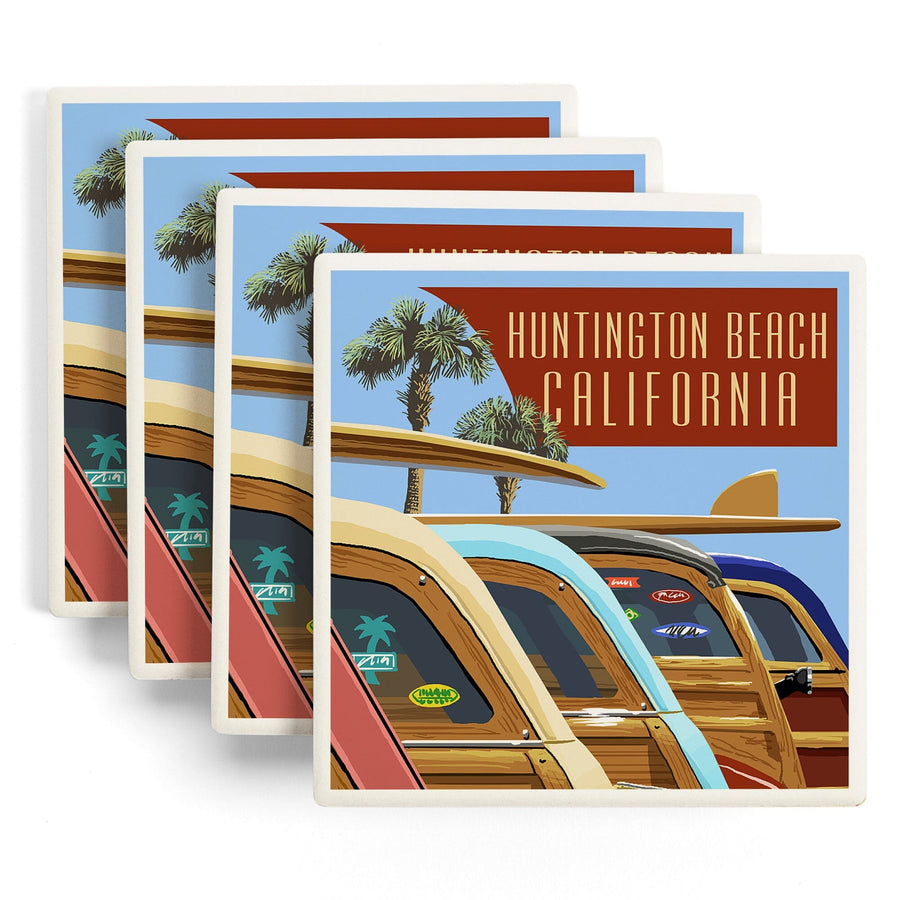 Huntington Beach, California, Woodies Lined Up, Lantern Press Artwork, Coaster Set - Lantern Press