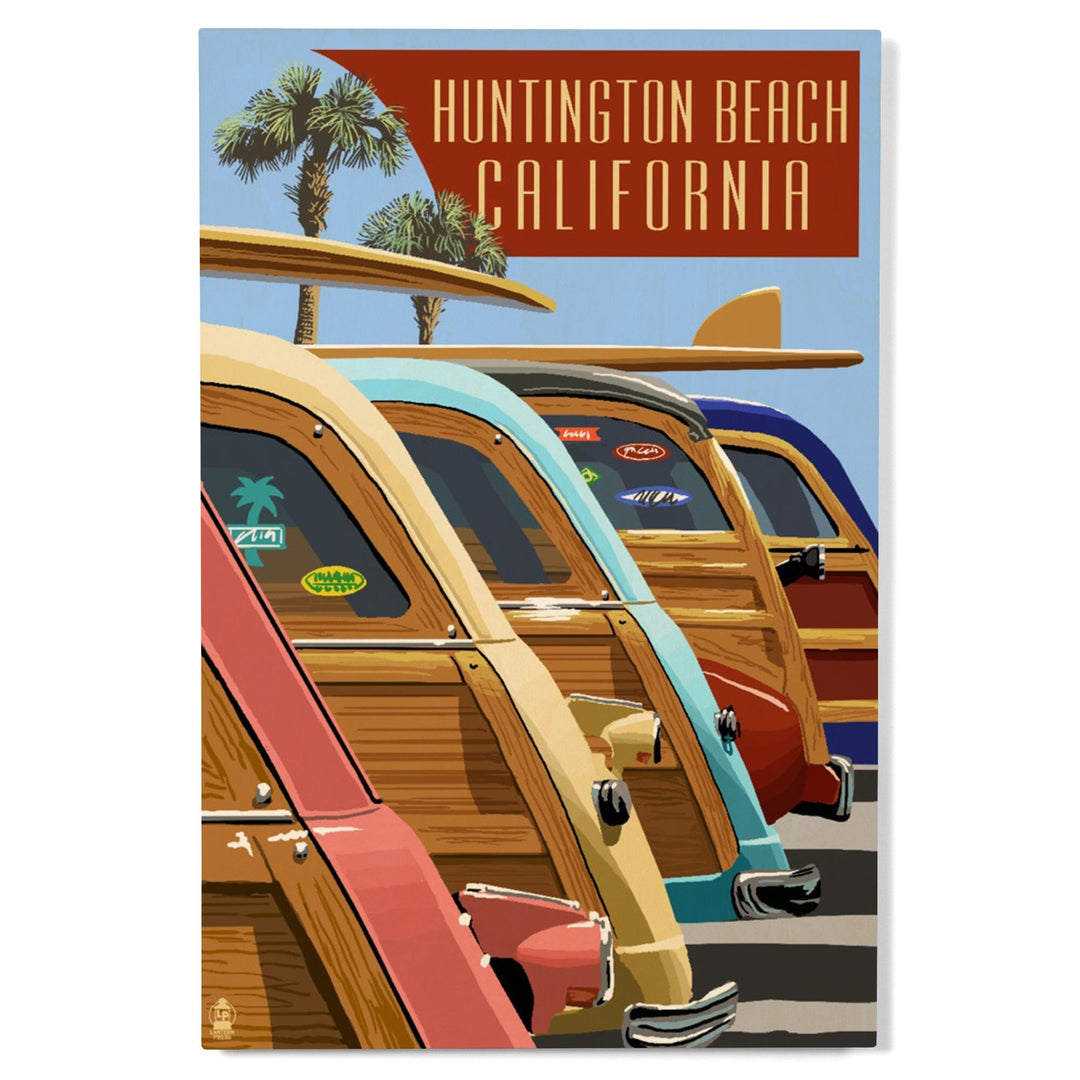 Huntington Beach, California, Woodies Lined Up, Lantern Press Artwork, Wood Signs and Postcards Wood Lantern Press 