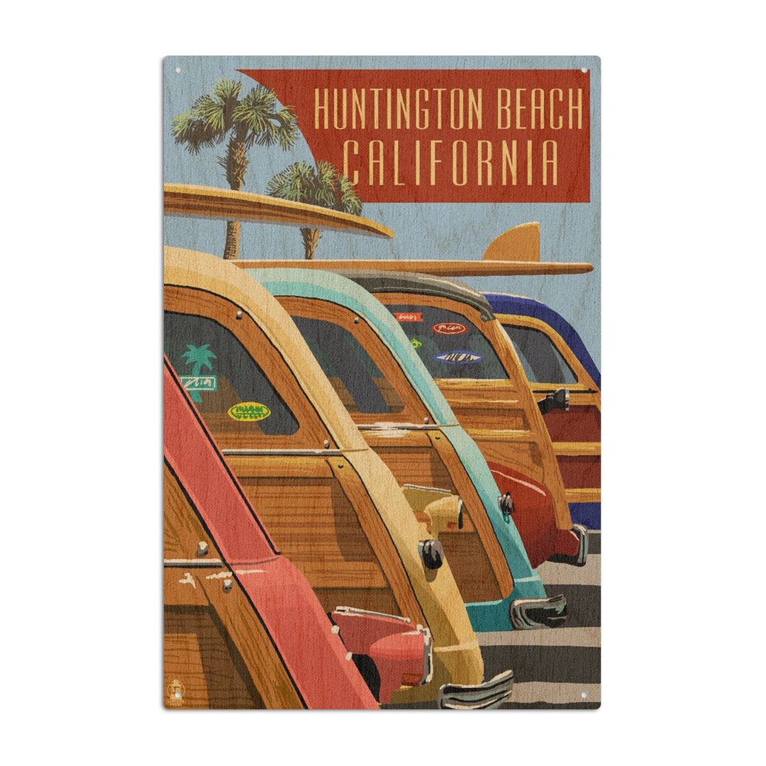 Huntington Beach, California, Woodies Lined Up, Lantern Press Artwork, Wood Signs and Postcards Wood Lantern Press 6x9 Wood Sign 