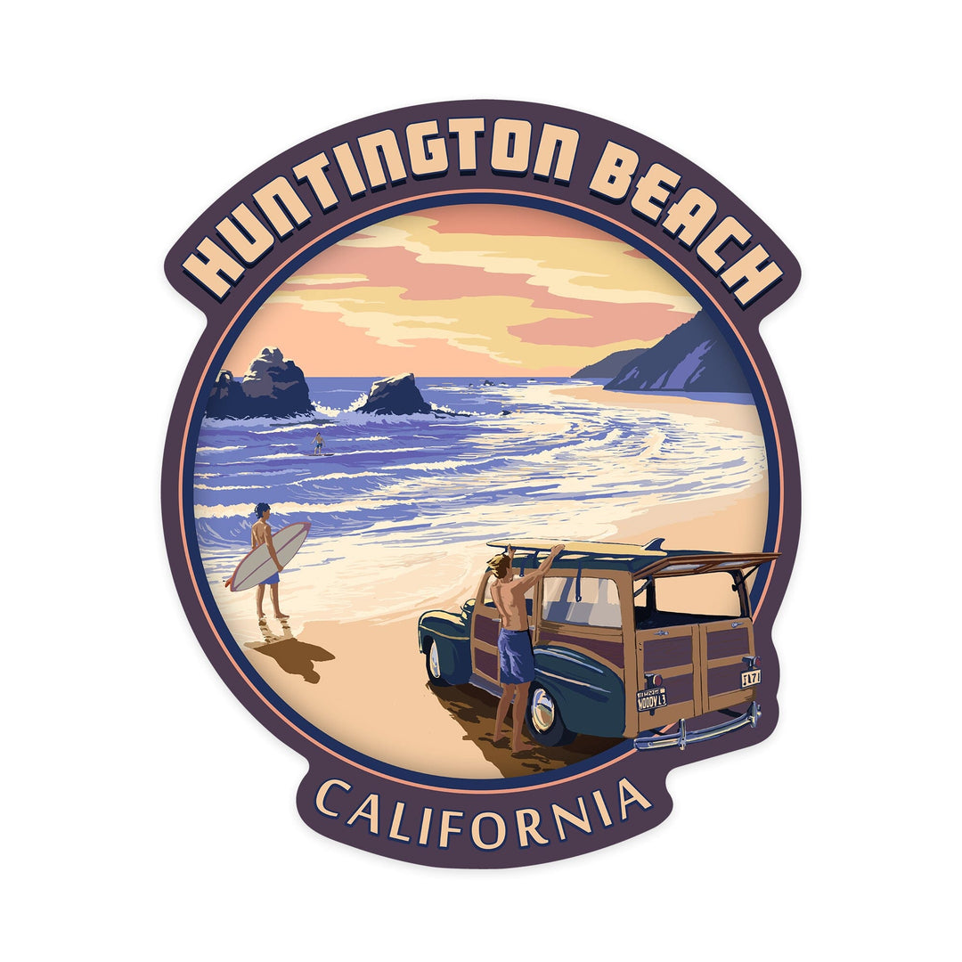 Huntington Beach, California, Woody on Beach, Contour, Lantern Press Artwork, Vinyl Sticker Sticker Lantern Press 