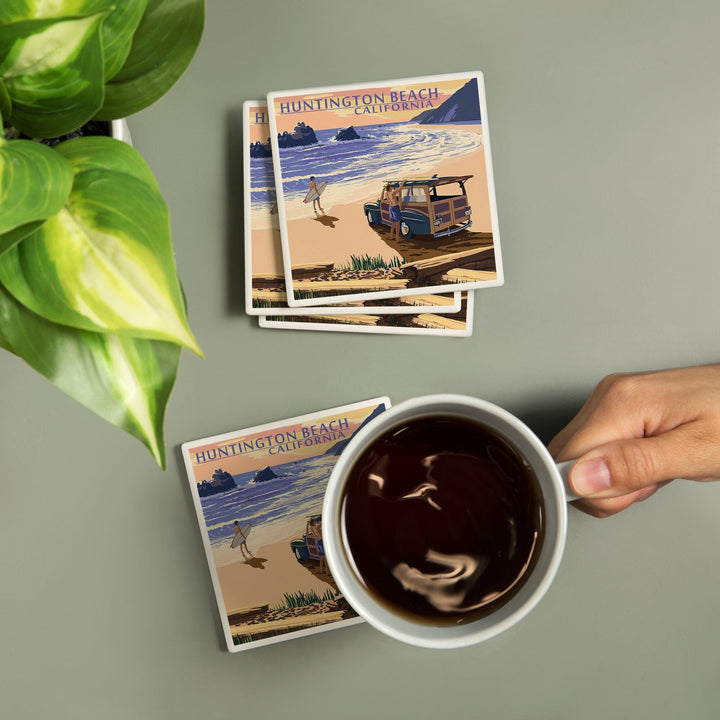 Huntington Beach, California, Woody on Beach, Lantern Press Artwork, Coaster Set - Lantern Press