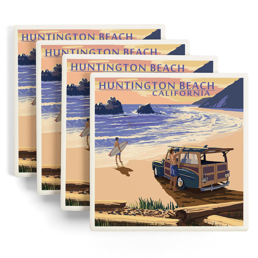 Huntington Beach, California, Woody on Beach, Lantern Press Artwork, Coaster Set - Lantern Press