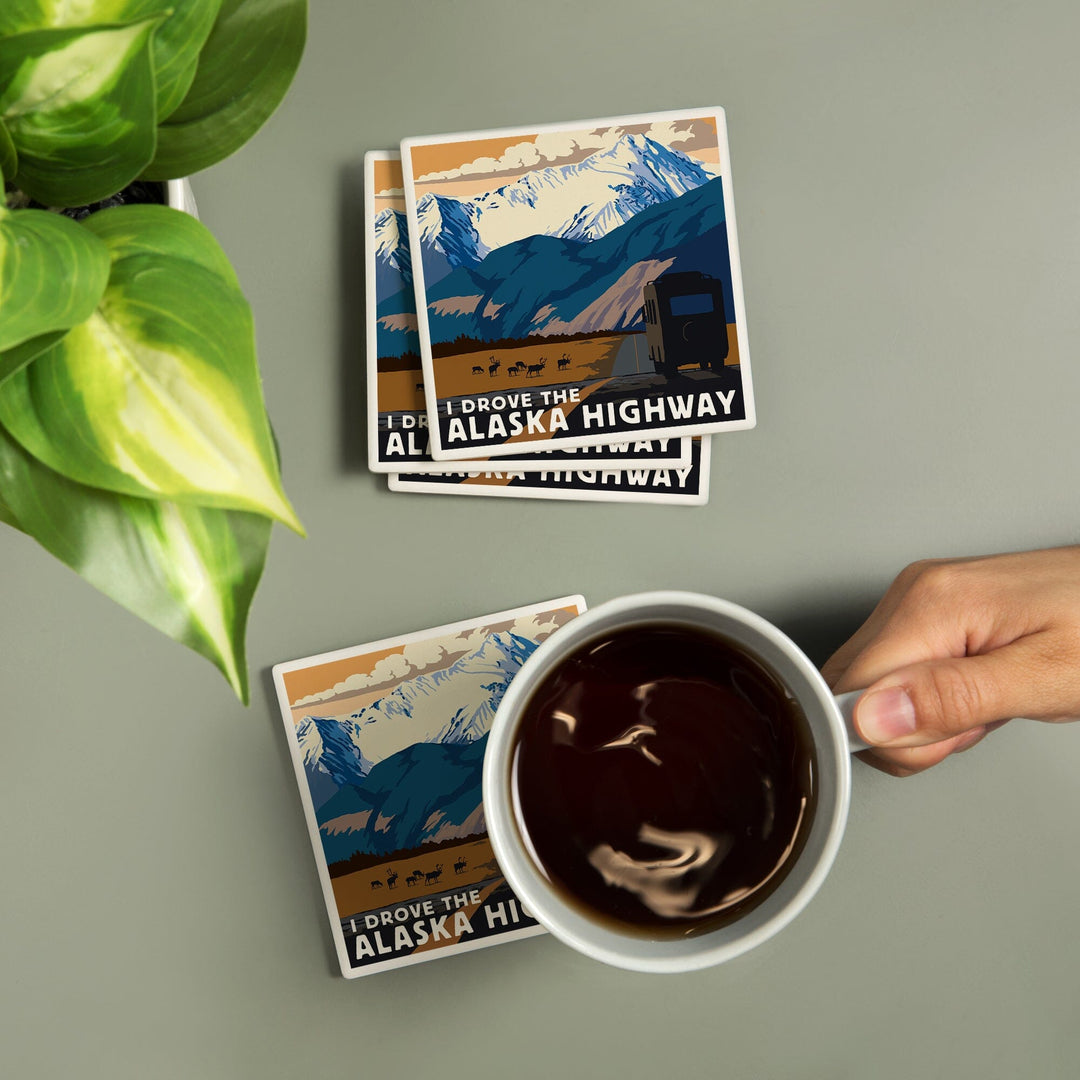 I drove the Alaska Highway, Lantern Press Artwork, Coaster Set - Lantern Press