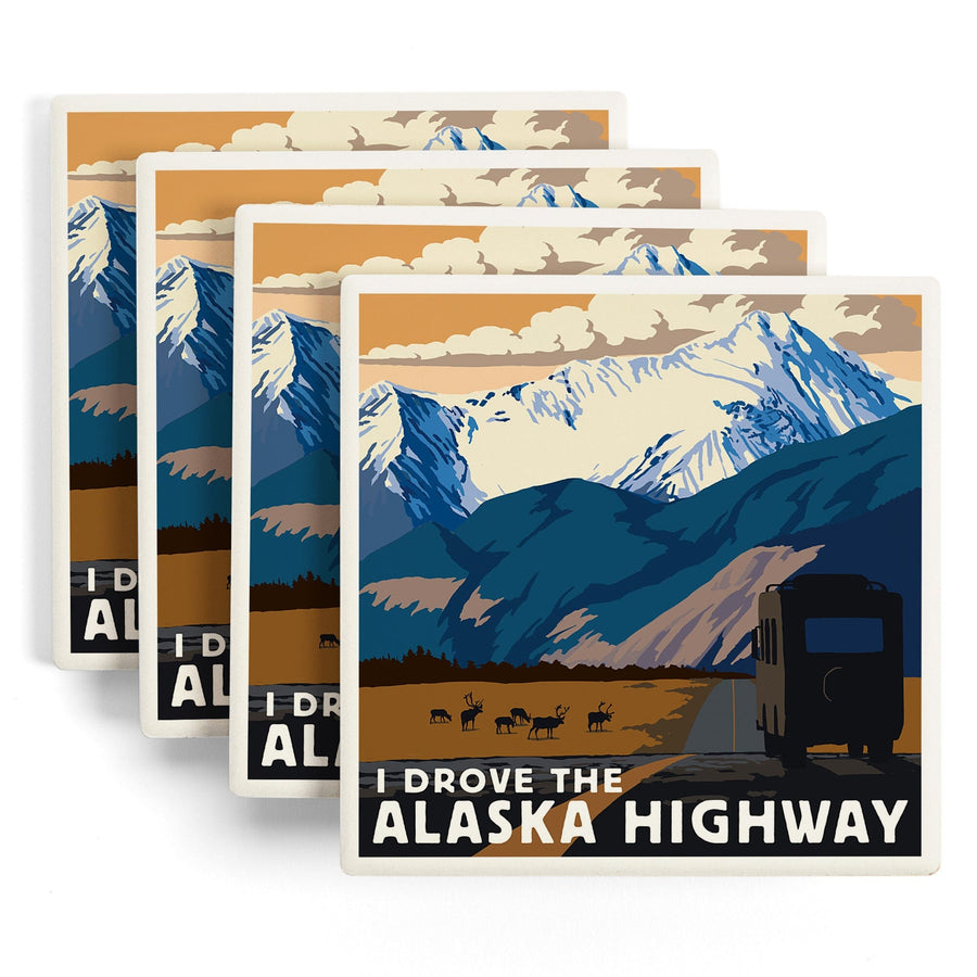 I drove the Alaska Highway, Lantern Press Artwork, Coaster Set - Lantern Press