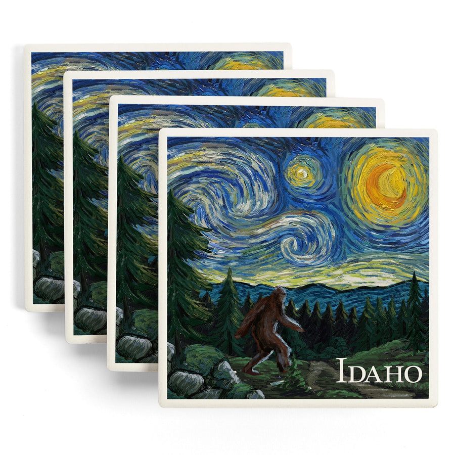 Idaho, Bigfoot, Starry Night, Lantern Press Artwork, Coaster Set - Lantern Press