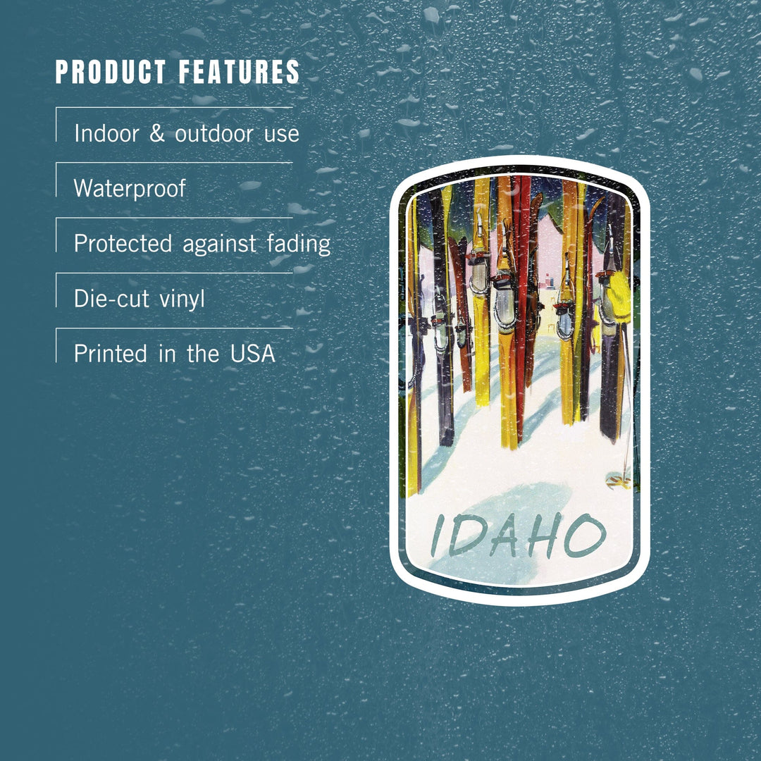 Idaho, Colorful Skis, Contour, Lantern Press Artwork, Vinyl Sticker - Lantern Press