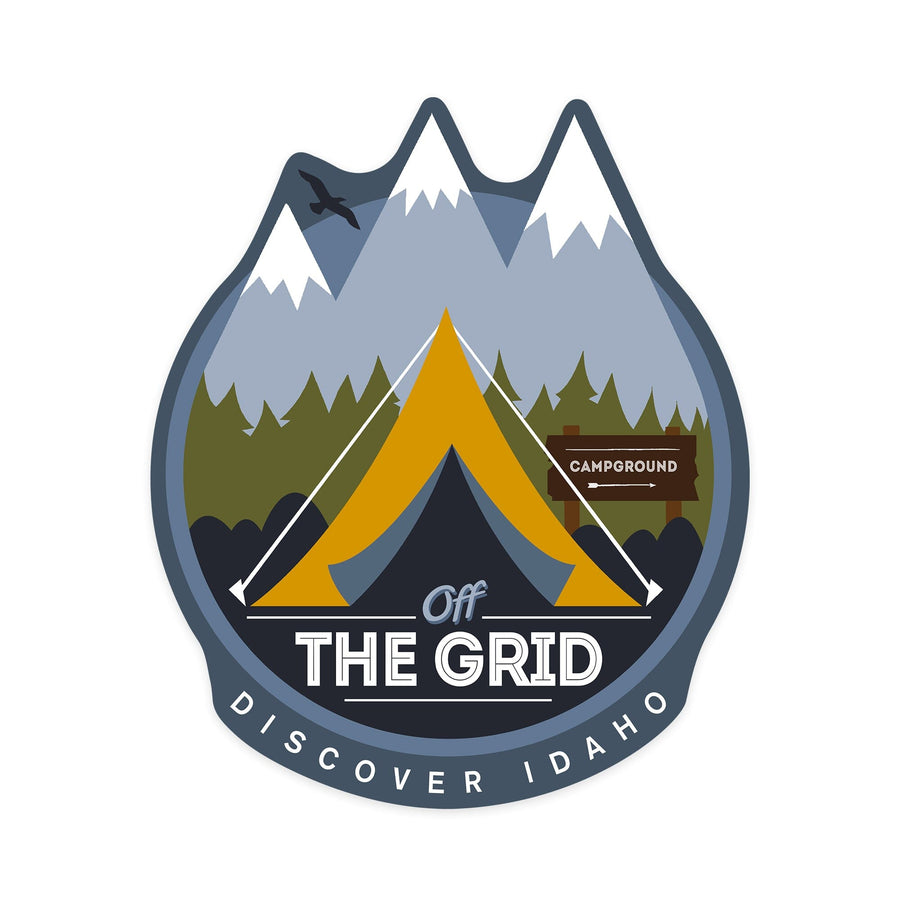 Idaho, Discover, Off the Grid, Tent, Contour, Lantern Press Artwork, Vinyl Sticker - Lantern Press