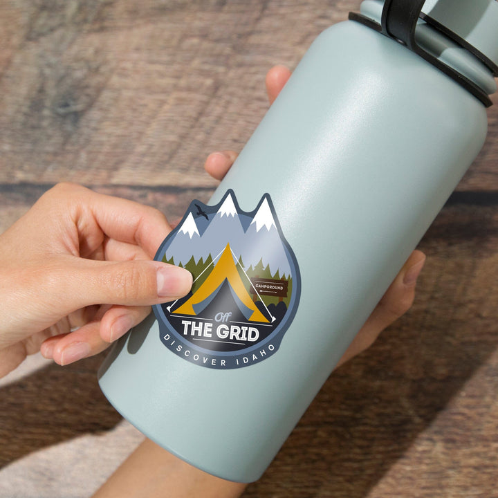 Idaho, Discover, Off the Grid, Tent, Contour, Lantern Press Artwork, Vinyl Sticker - Lantern Press