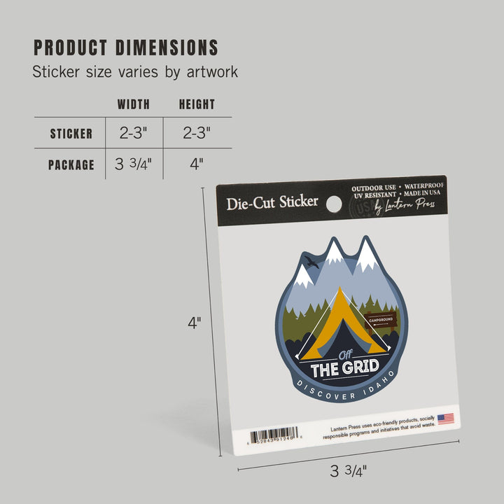 Idaho, Discover, Off the Grid, Tent, Contour, Lantern Press Artwork, Vinyl Sticker - Lantern Press