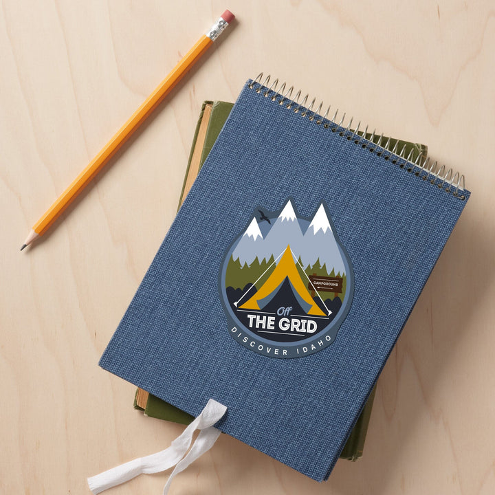 Idaho, Discover, Off the Grid, Tent, Contour, Lantern Press Artwork, Vinyl Sticker - Lantern Press