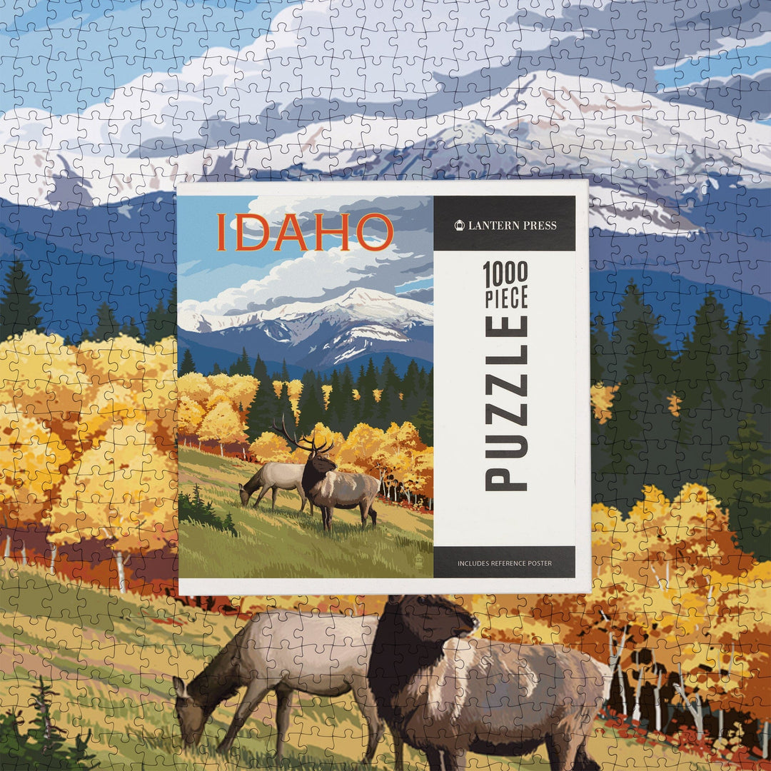 Idaho, Elk and Mountains, Jigsaw Puzzle Puzzle Lantern Press 