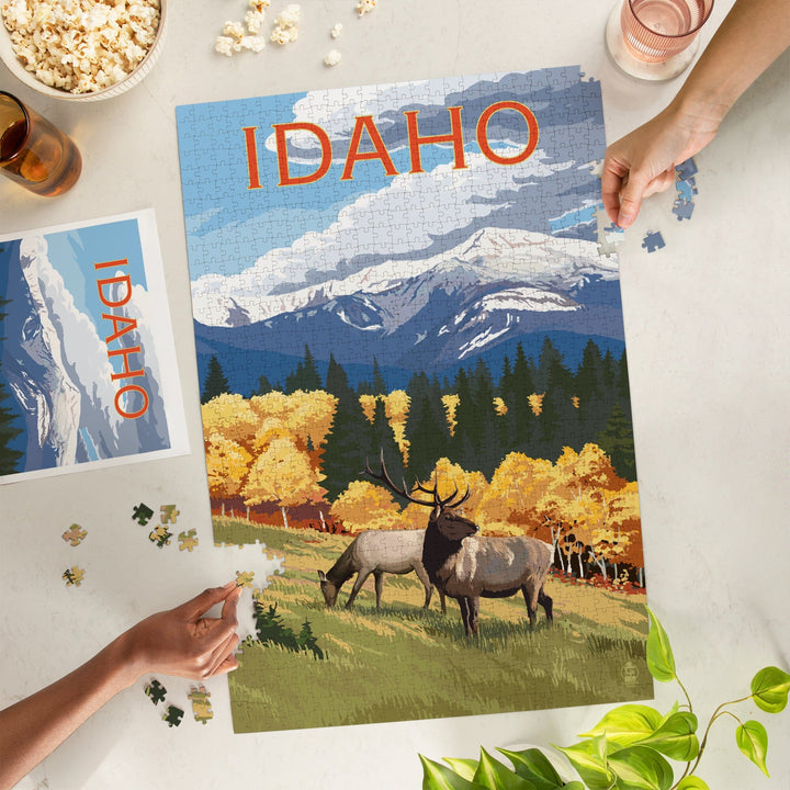 Idaho, Elk and Mountains, Jigsaw Puzzle Puzzle Lantern Press 