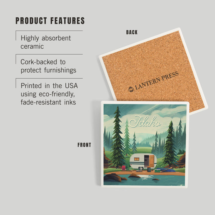 Idaho, Get Outside Series, Outdoor Activity, At Home Anywhere, Camper in Evergreens, Coasters Coasters Lantern Press 