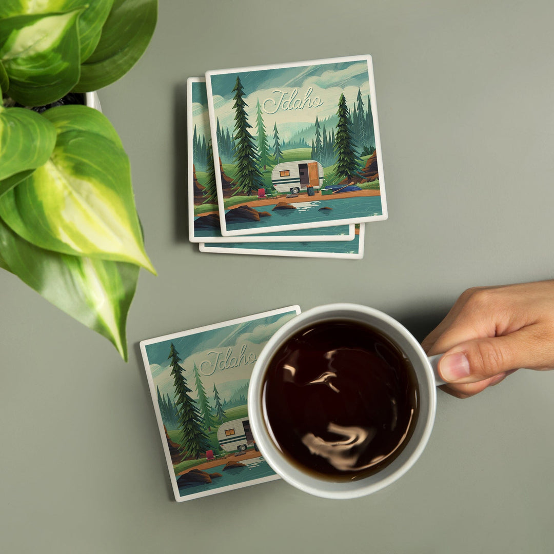 Idaho, Get Outside Series, Outdoor Activity, At Home Anywhere, Camper in Evergreens, Coasters Coasters Lantern Press 