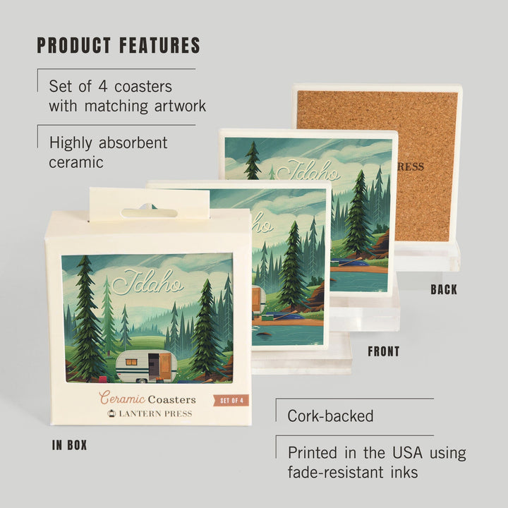 Idaho, Get Outside Series, Outdoor Activity, At Home Anywhere, Camper in Evergreens, Coasters Coasters Lantern Press 