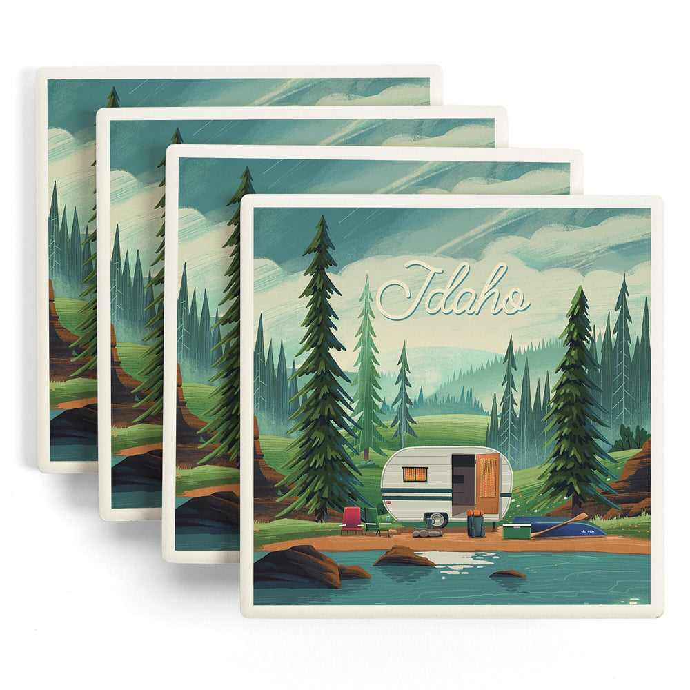 Idaho, Get Outside Series, Outdoor Activity, At Home Anywhere, Camper in Evergreens, Coasters Coasters Lantern Press 