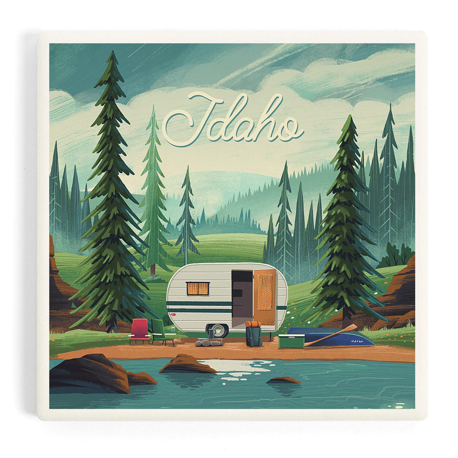 Idaho, Get Outside Series, Outdoor Activity, At Home Anywhere, Camper in Evergreens, Coasters Coasters Lantern Press 