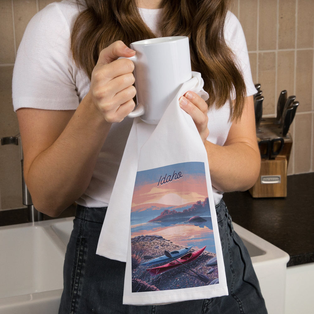 Idaho, Glassy Sunrise, Kayak, Organic Cotton Kitchen Tea Towels Kitchen Lantern Press 