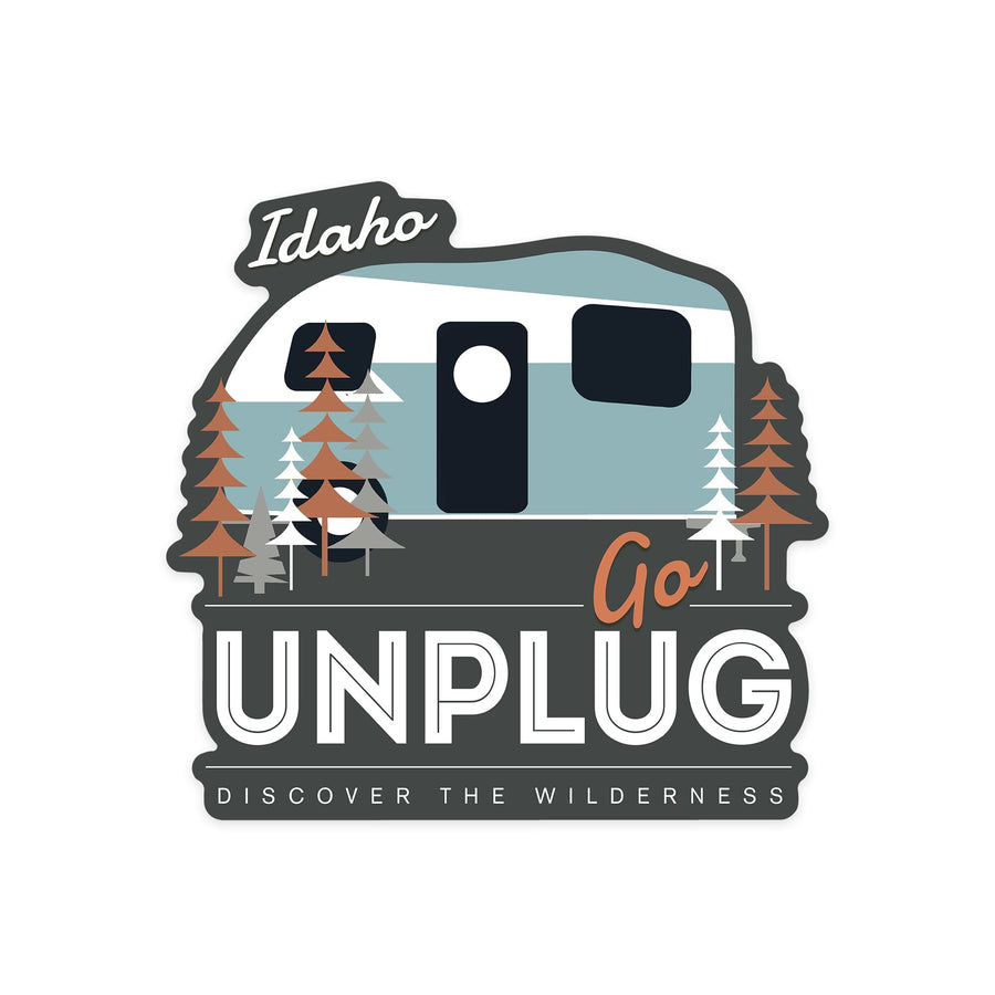 Idaho, Go Unplug, Camper, Vector, Contour, Lantern Press Artwork, Vinyl Sticker Sticker Lantern Press 