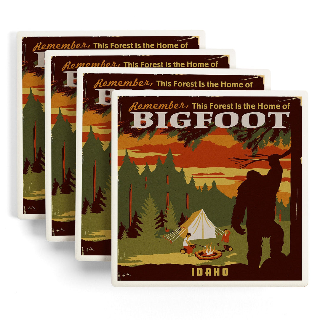 Idaho, Home of Bigfoot, WPA Style, Lantern Press Artwork, Coaster Set - Lantern Press