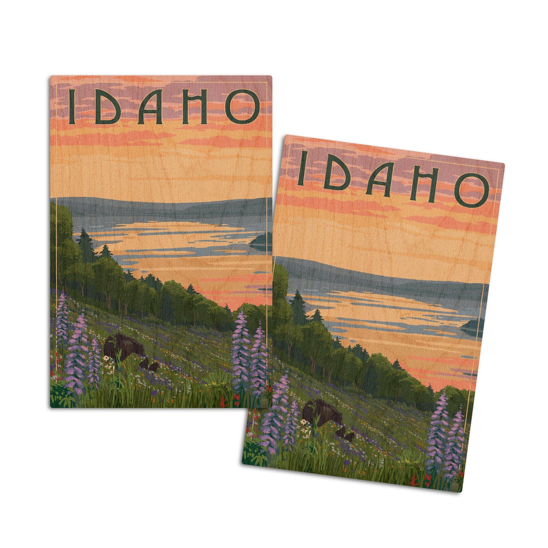 Idaho, Lake & Bear Family, Lantern Press Artwork, Wood Signs and Postcards Wood Lantern Press 4x6 Wood Postcard Set 