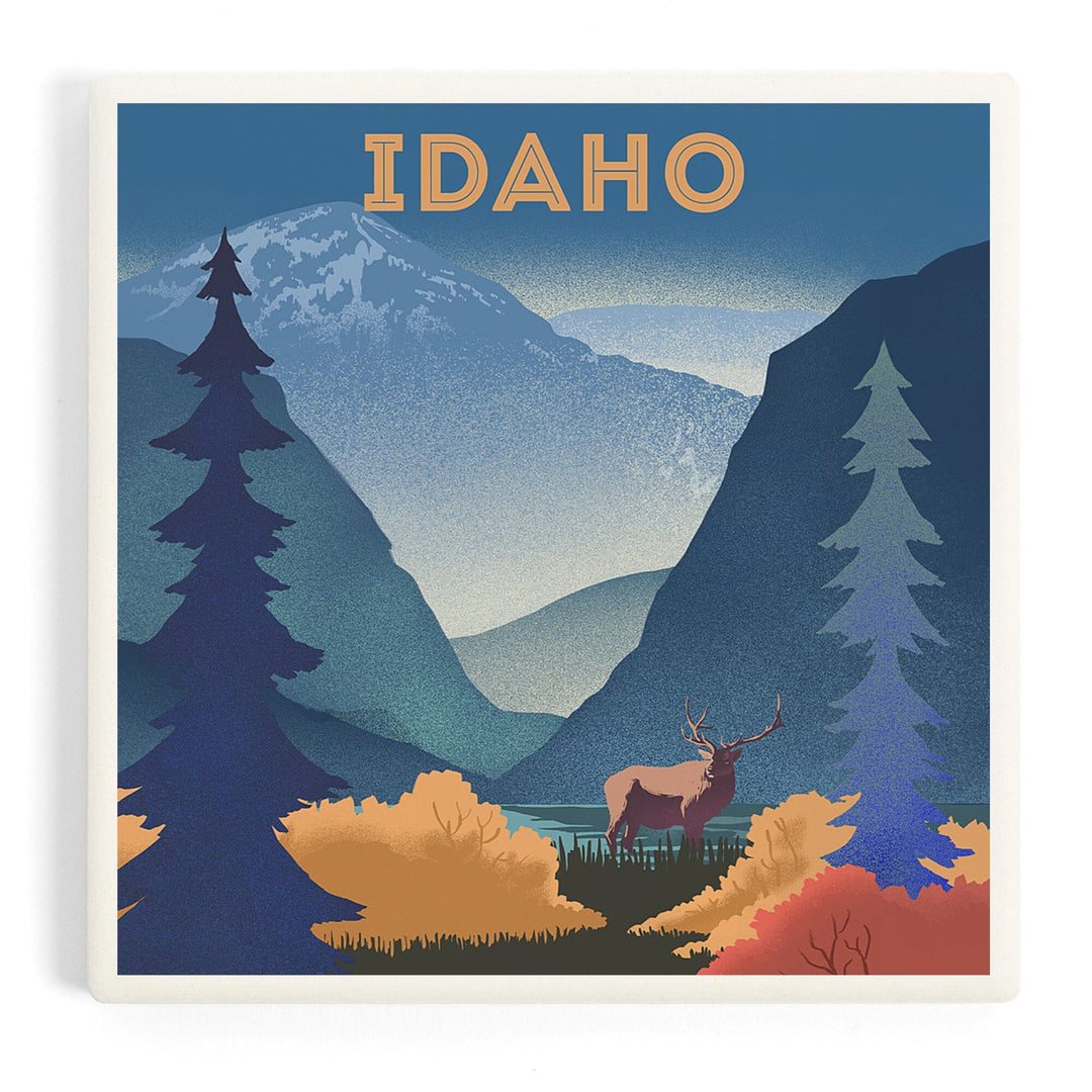 Idaho, Lithograph, Elk and Mountains Scene, Coasters Coasters Lantern Press 