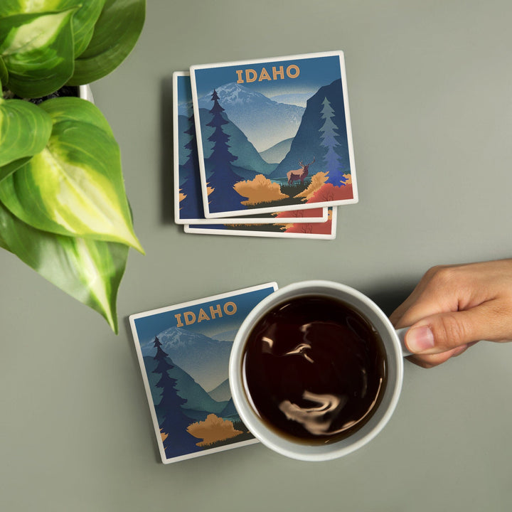 Idaho, Lithograph, Elk and Mountains Scene, Coasters Coasters Lantern Press 