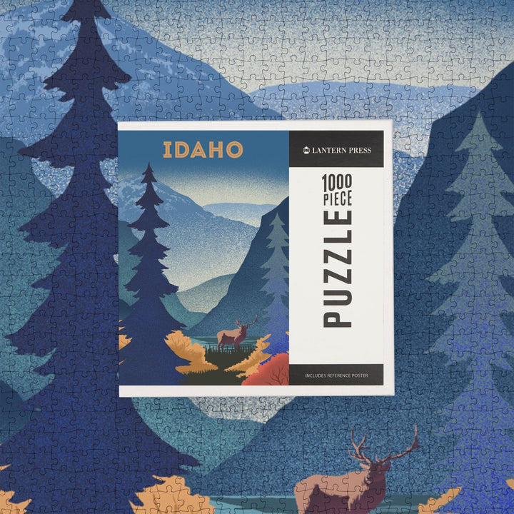 Idaho, Lithograph, Elk and Mountains Scene, Jigsaw Puzzle Puzzle Lantern Press 