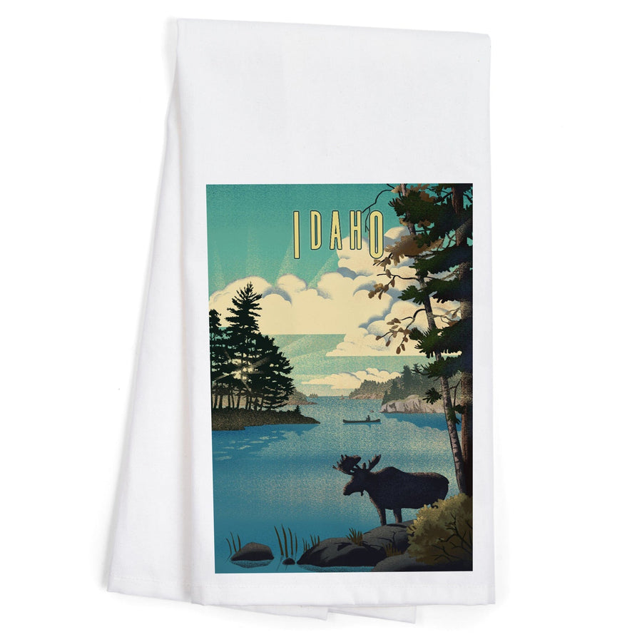 Idaho, Moose and Lake Lithograph, Organic Cotton Kitchen Tea Towels Kitchen Lantern Press 