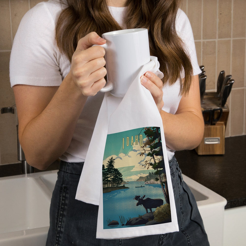 Idaho, Moose and Lake Lithograph, Organic Cotton Kitchen Tea Towels Kitchen Lantern Press 